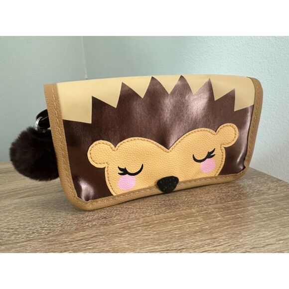 Brown Hedgehog Themed Clutch Bag with Pom Pom Keychain Makeup Kawaii Pencil Bag - Picture 1 of 10